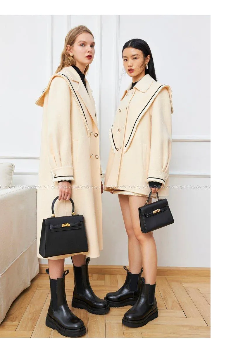 DPLAY fall Winter Beige Pearl Navy Collar Double Sided Woolen Long Coat - Tio