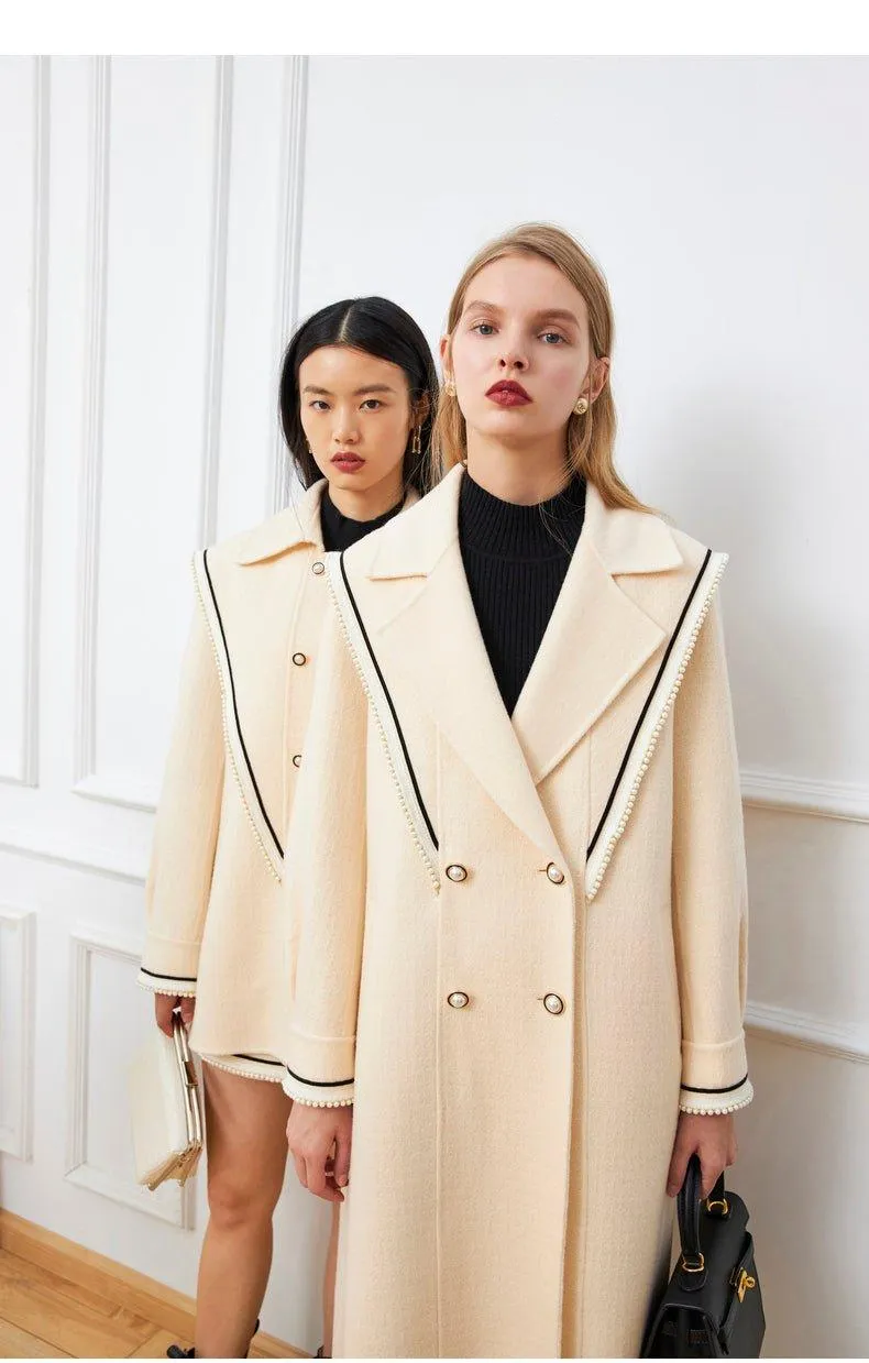 DPLAY fall Winter Beige Pearl Navy Collar Double Sided Woolen Long Coat - Tio