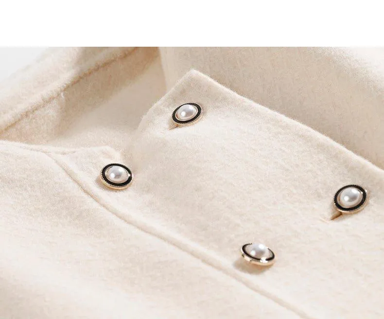 DPLAY fall Winter Beige Pearl Navy Collar Double Sided Woolen Long Coat - Tio