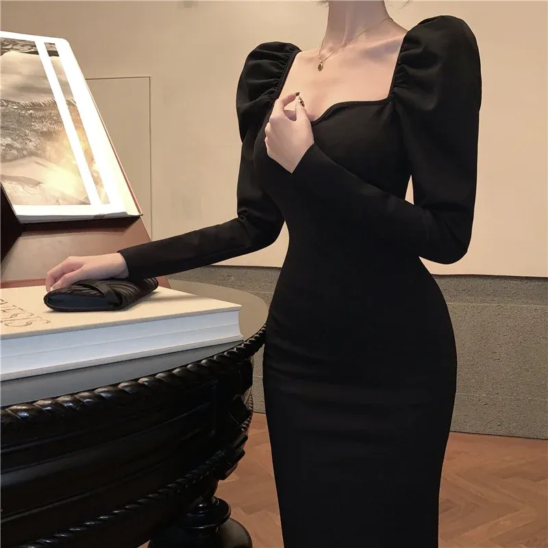 Elegant Mermaid Black Long Dress Women Korean One Piece Vintage Gothic Evening Party Dress  fg2531