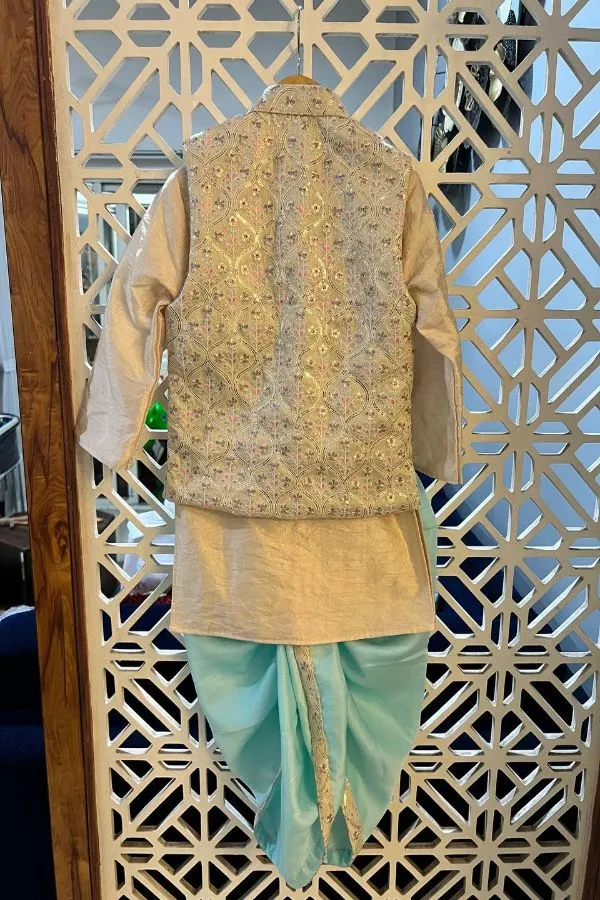 Embroidered Jacket with Beige Kurta and Dhoti