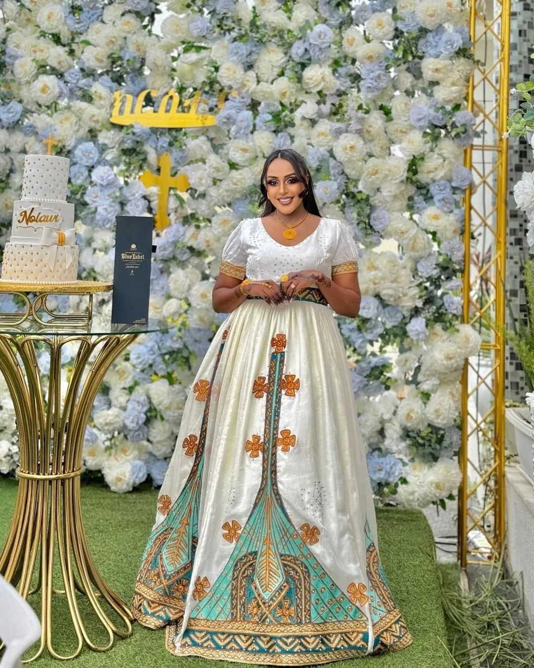 Enchanting Elegance: Unique Blue Patterns in Habesha Kemis - Ethiopian Dress Perfection