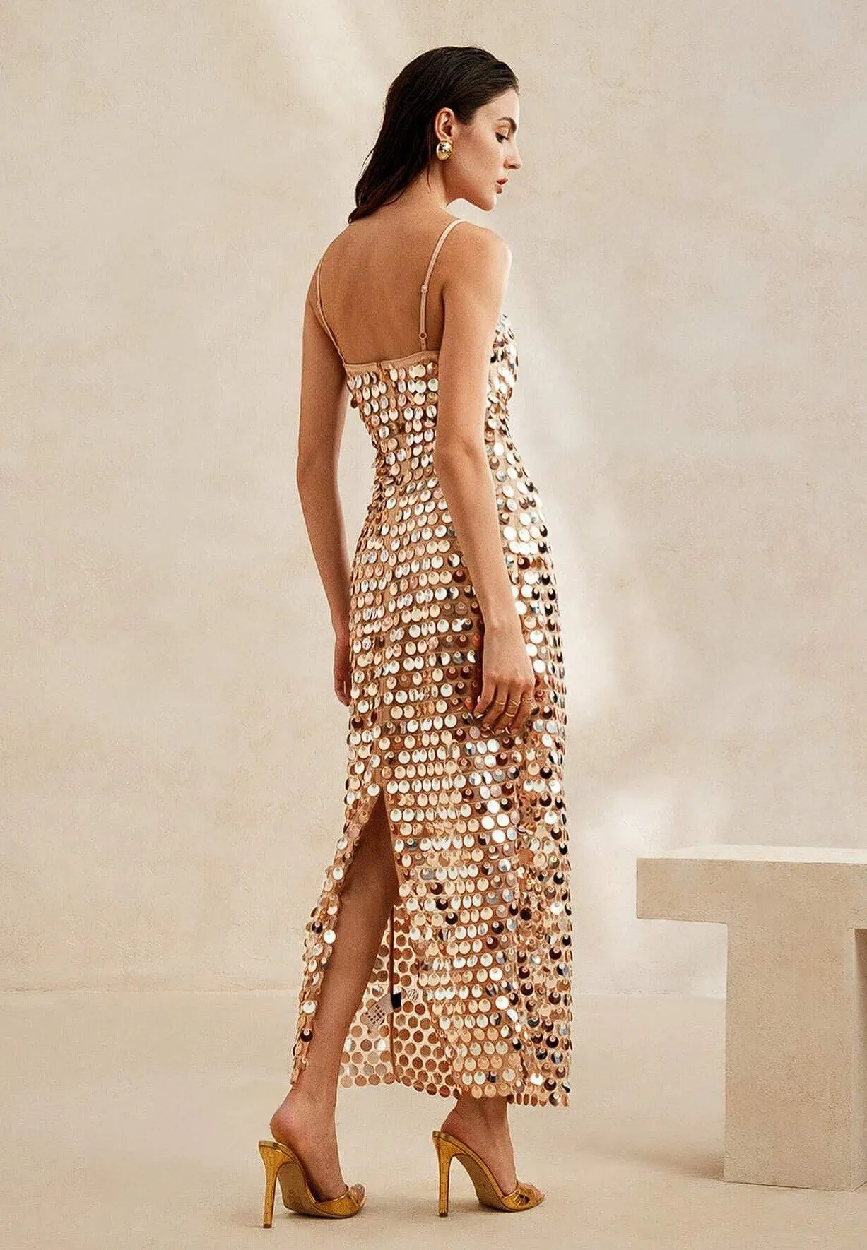 Enza Sequin Midi Dress in Gold