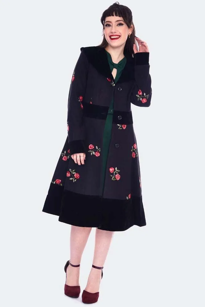 Flo Black & Red Floral Flocked Coat