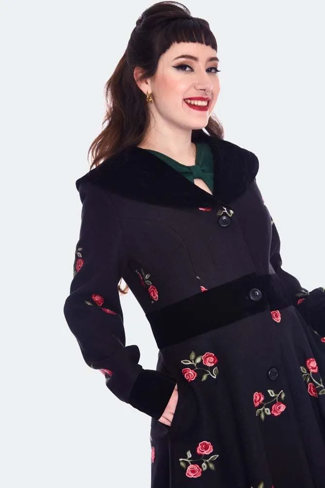 Flo Black & Red Floral Flocked Coat