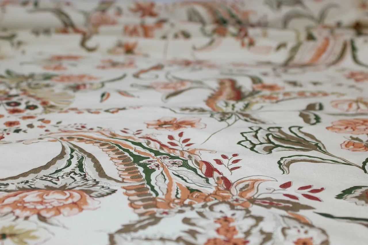 Floral Silk Taffeta - Greens/Peaches on Cream