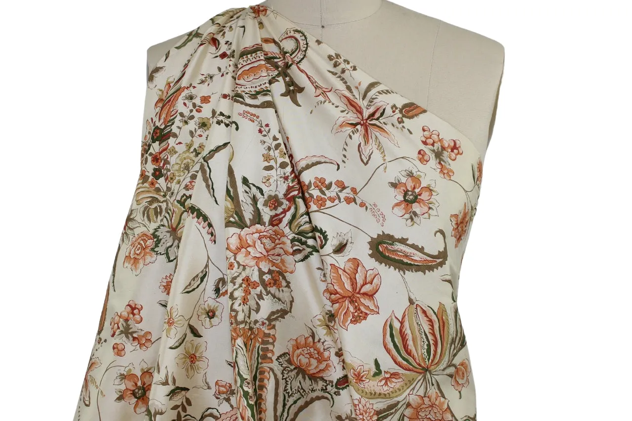 Floral Silk Taffeta - Greens/Peaches on Cream
