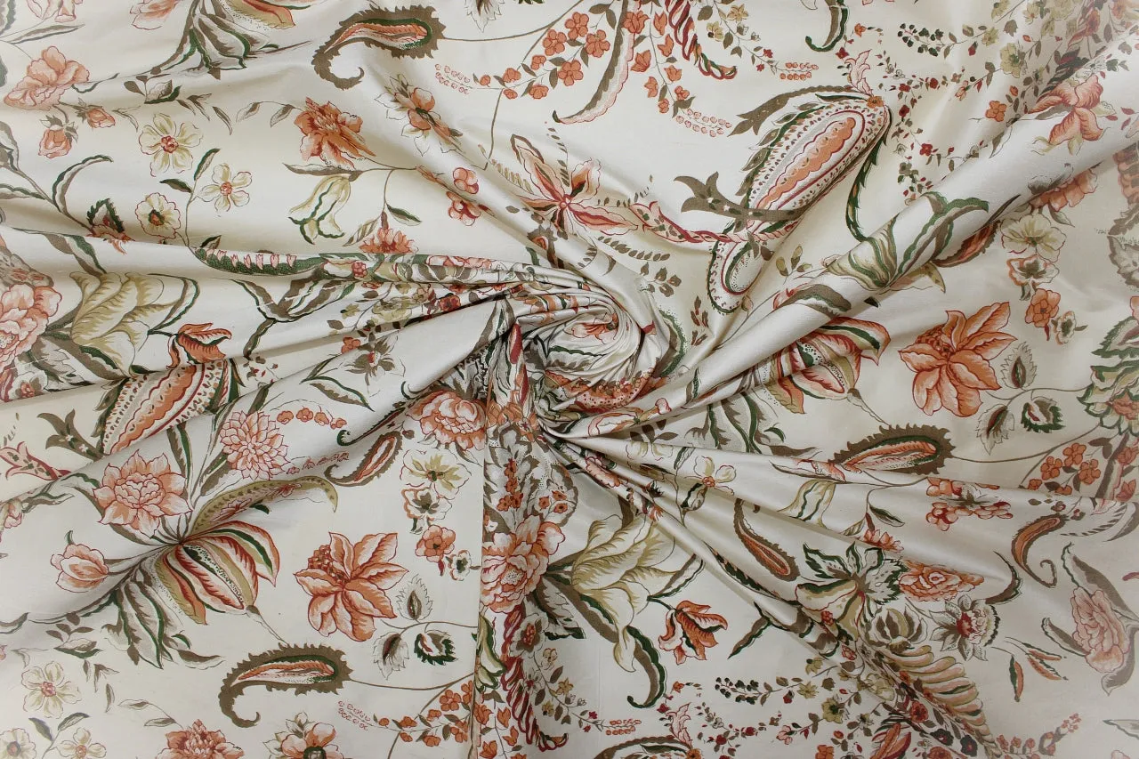 Floral Silk Taffeta - Greens/Peaches on Cream