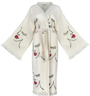 Hand-Woven Natural Cotton Face Pattern Turkish Towel Kimono