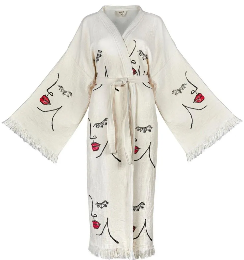 Hand-Woven Natural Cotton Face Pattern Turkish Towel Kimono