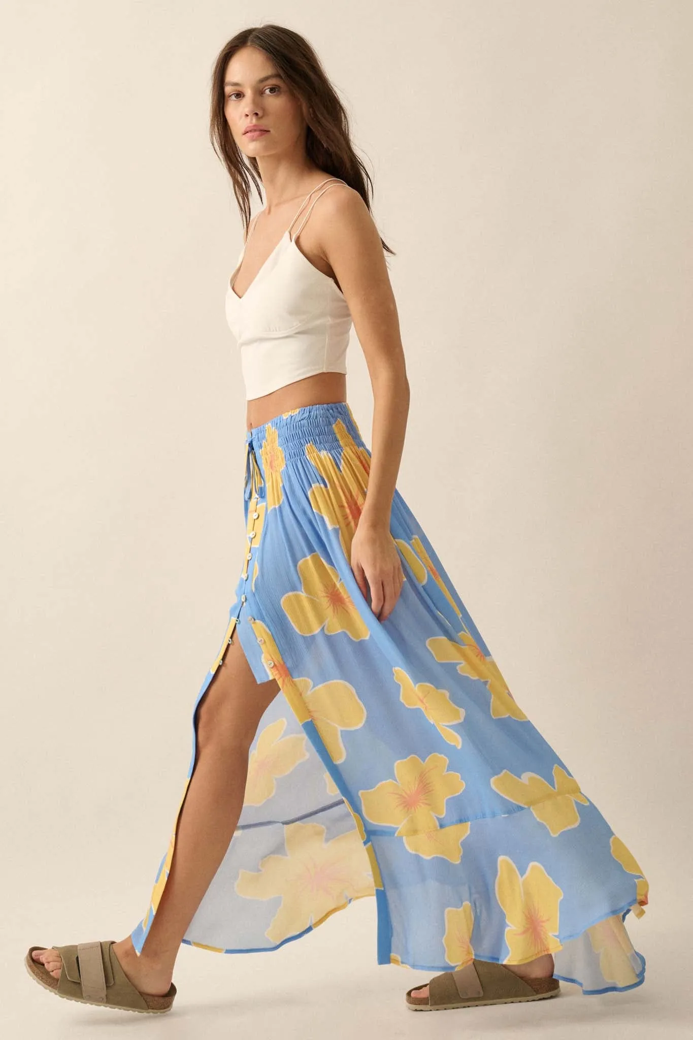 Hibiscus Grove Floral Crepe Buttoned Maxi Skirt