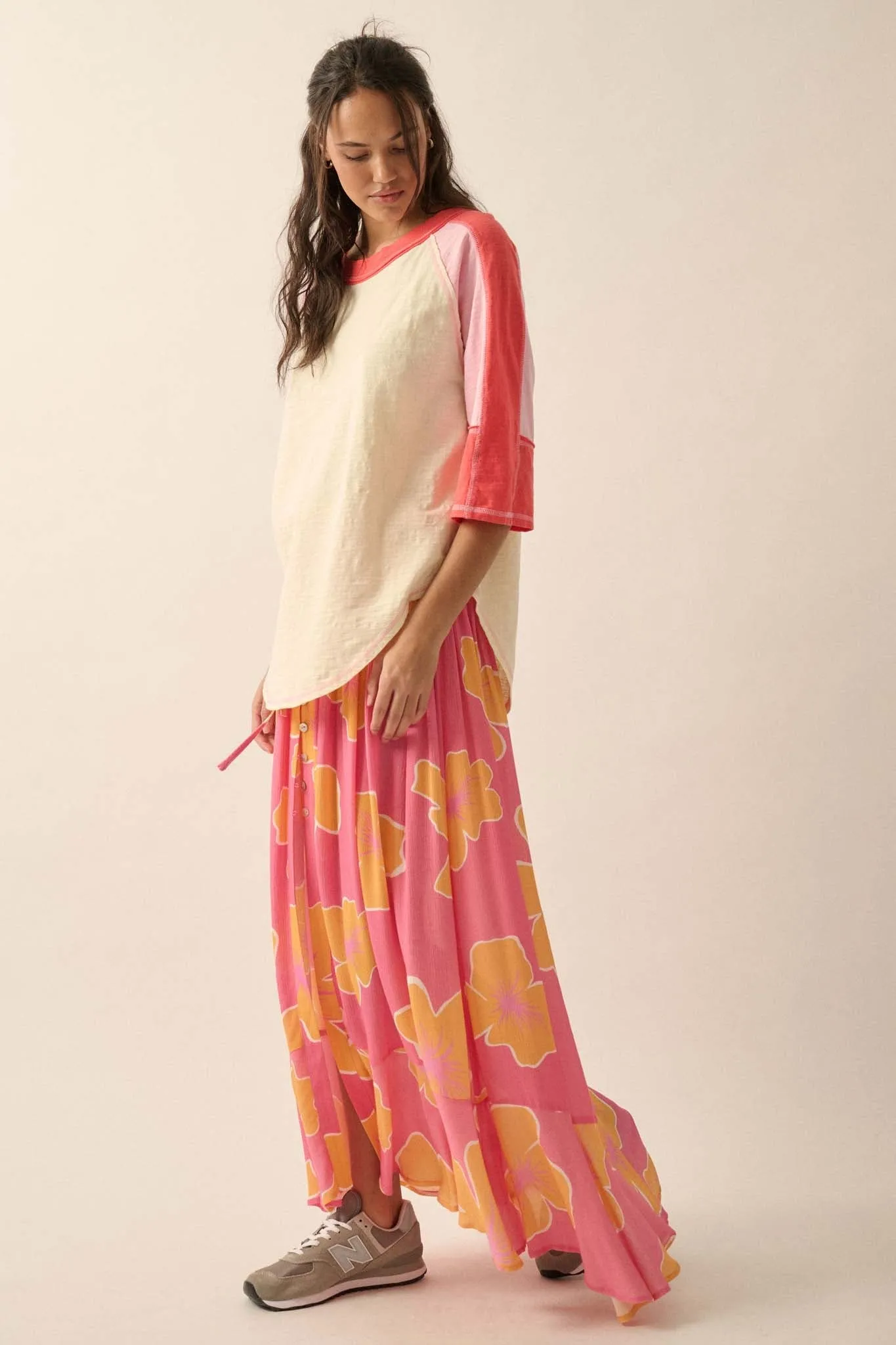 Hibiscus Grove Floral Crepe Buttoned Maxi Skirt