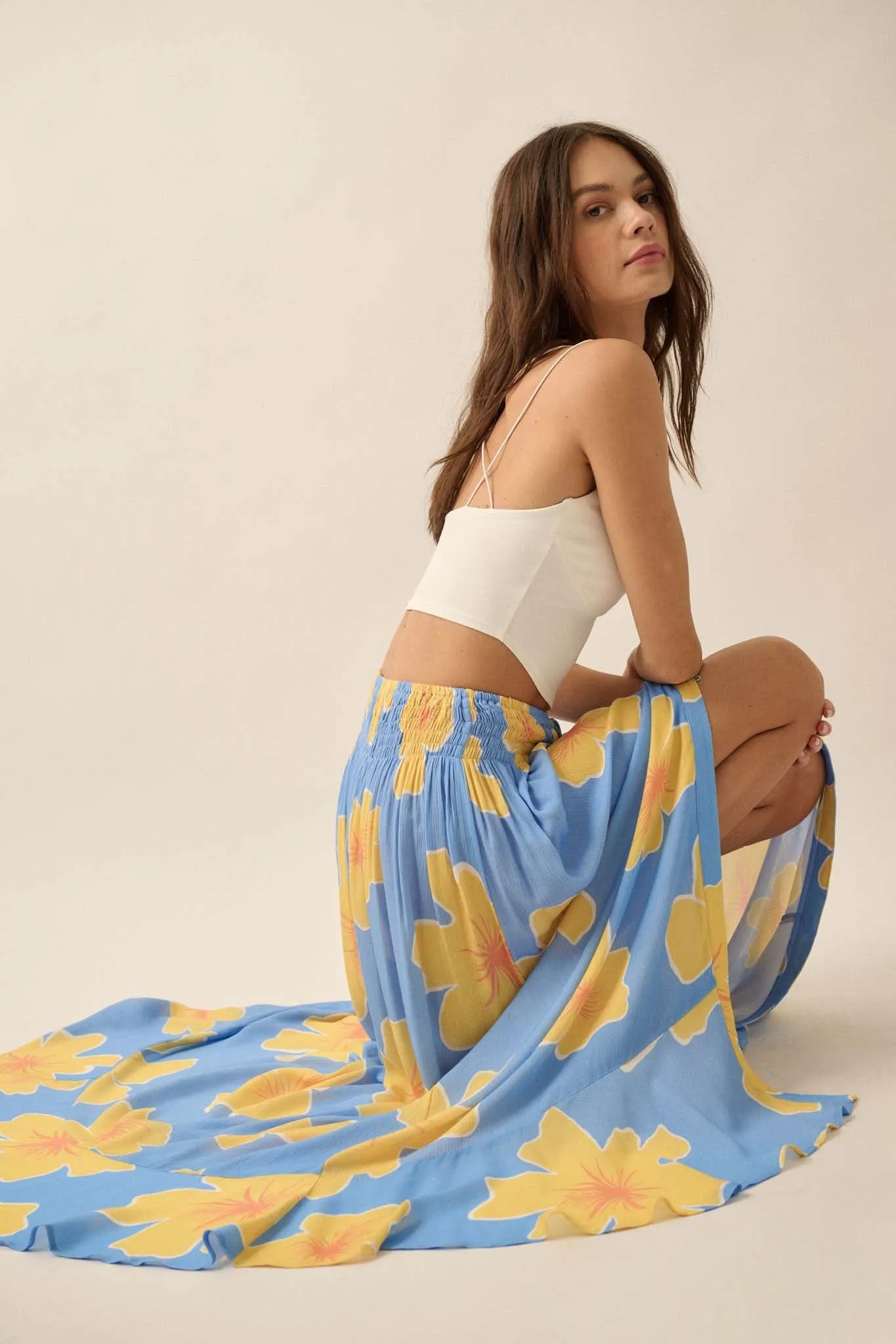 Hibiscus Grove Floral Crepe Buttoned Maxi Skirt