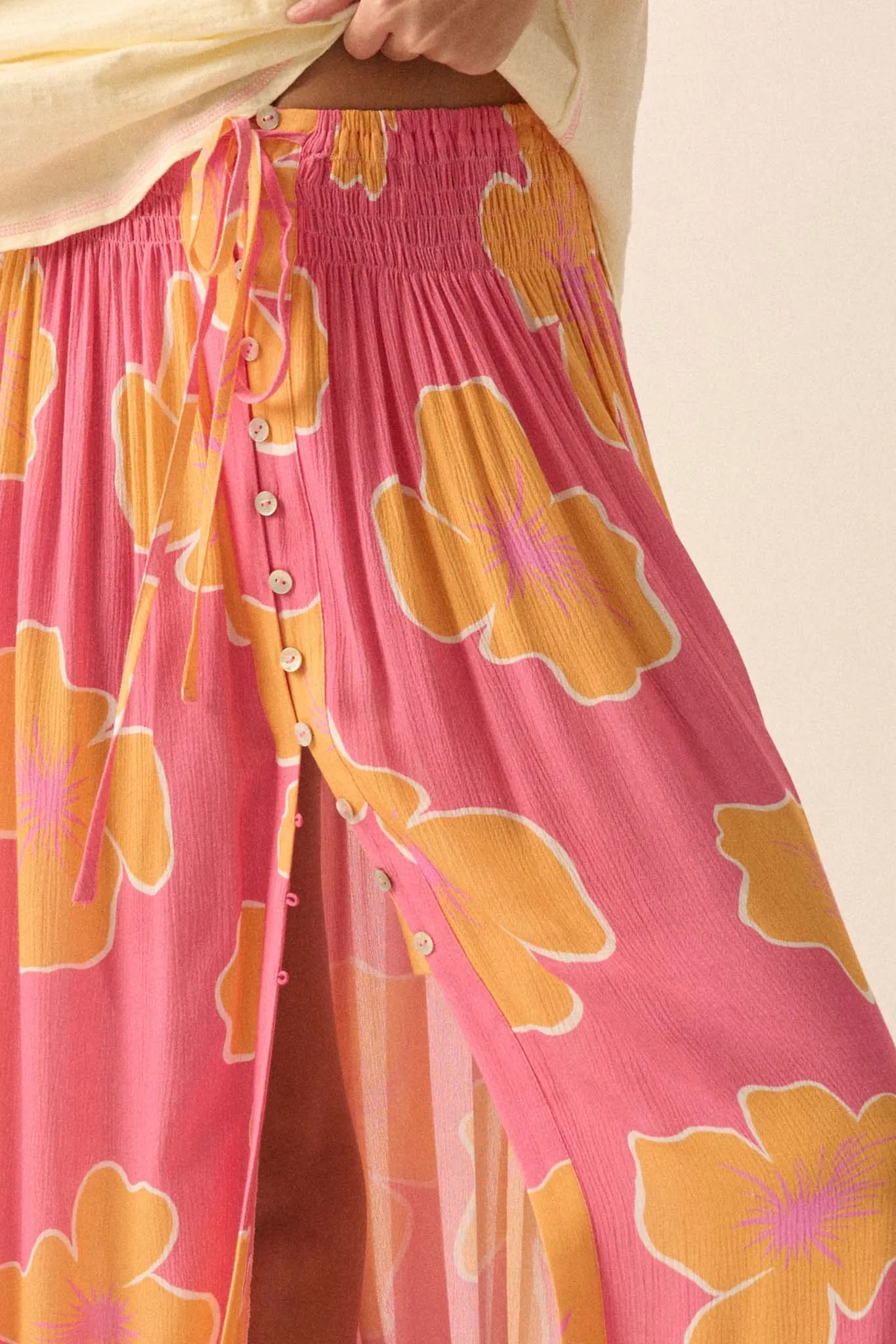 Hibiscus Grove Floral Crepe Buttoned Maxi Skirt