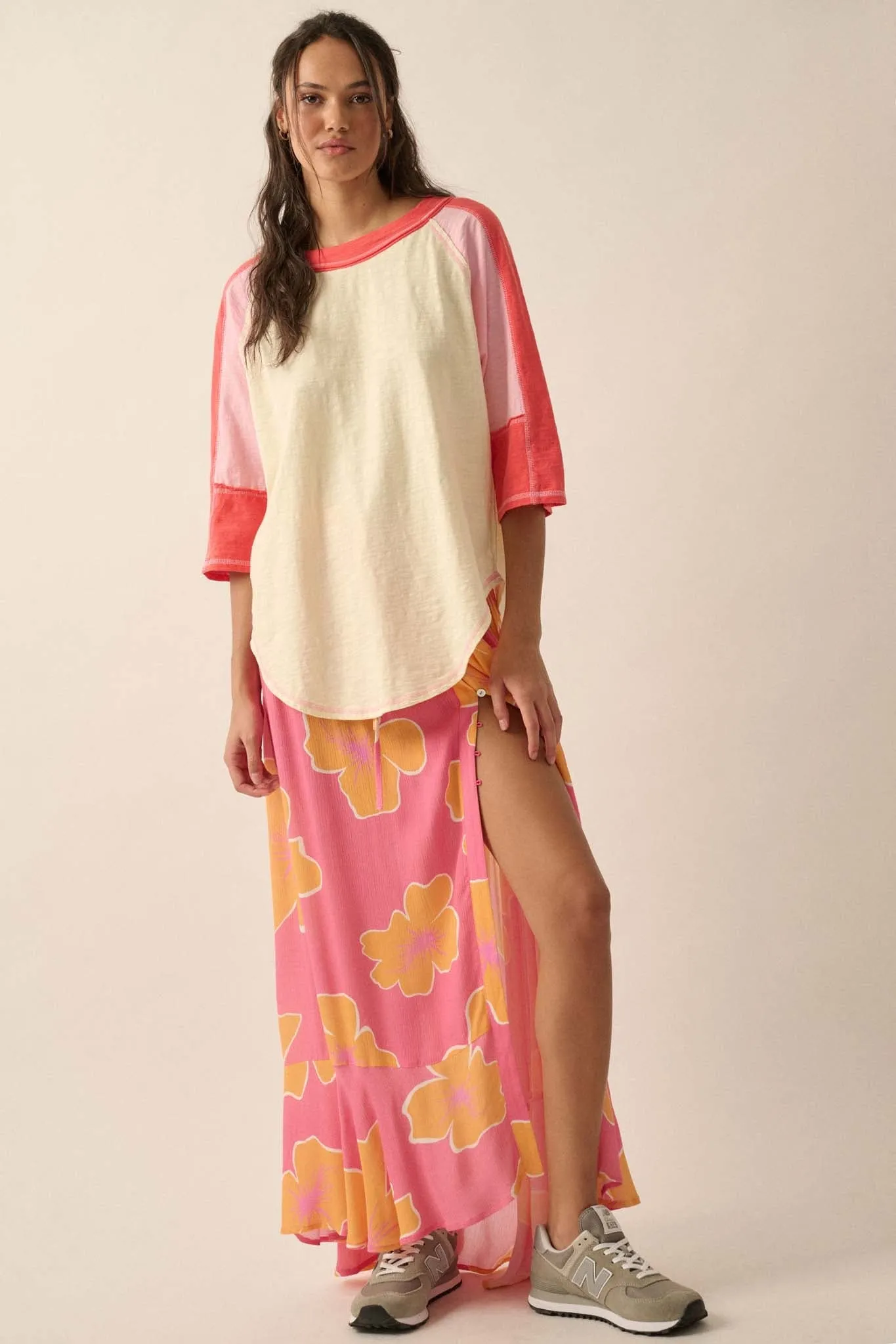 Hibiscus Grove Floral Crepe Buttoned Maxi Skirt