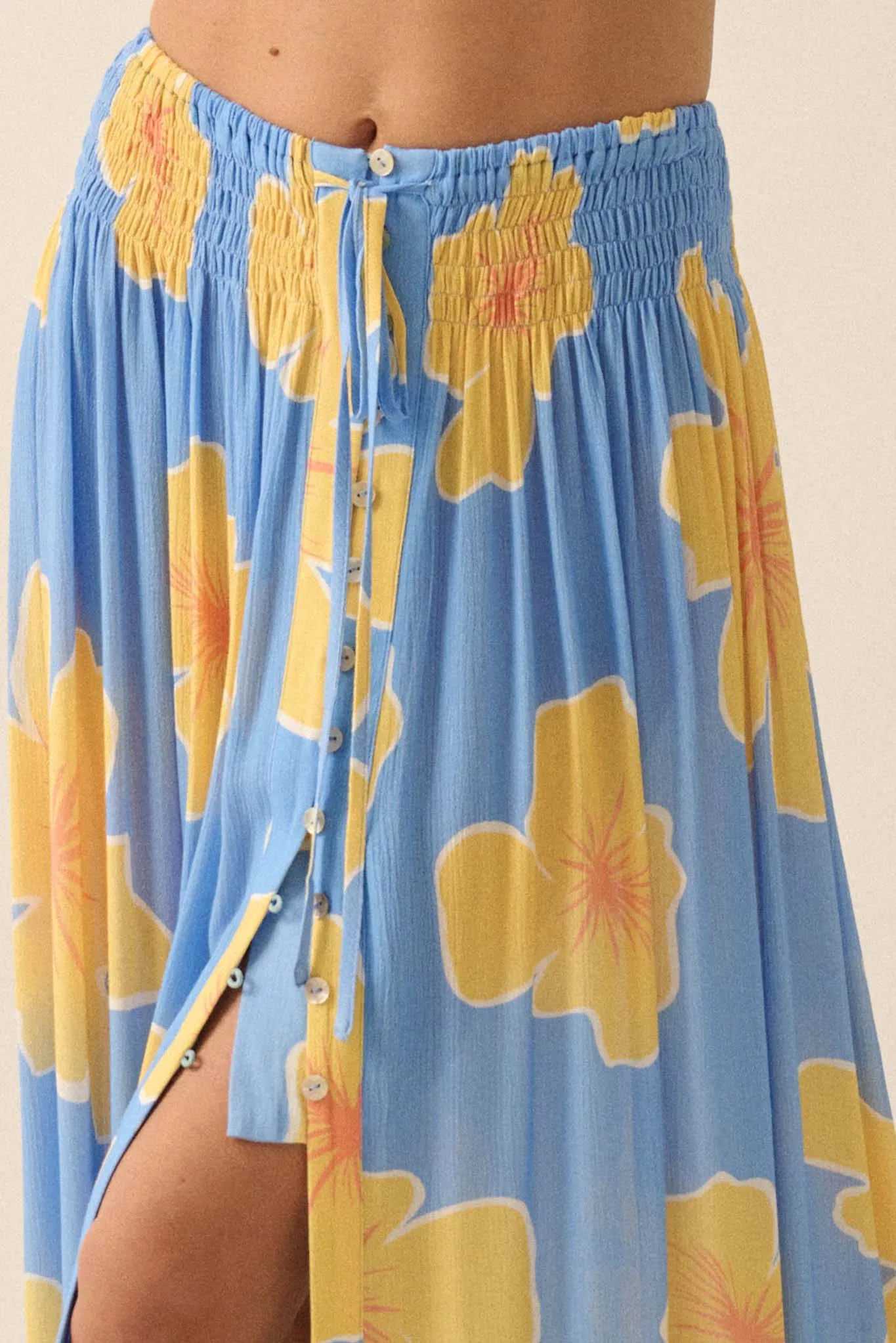 Hibiscus Grove Floral Crepe Buttoned Maxi Skirt