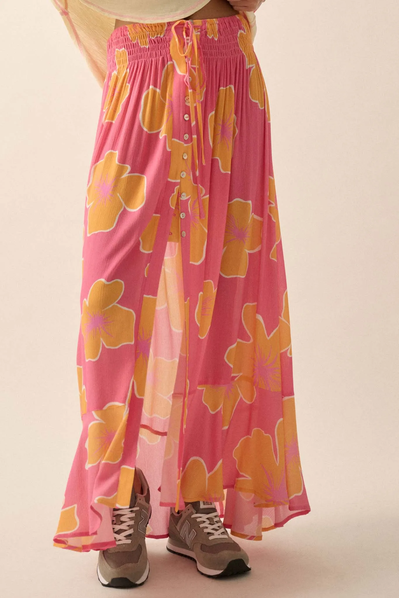 Hibiscus Grove Floral Crepe Buttoned Maxi Skirt
