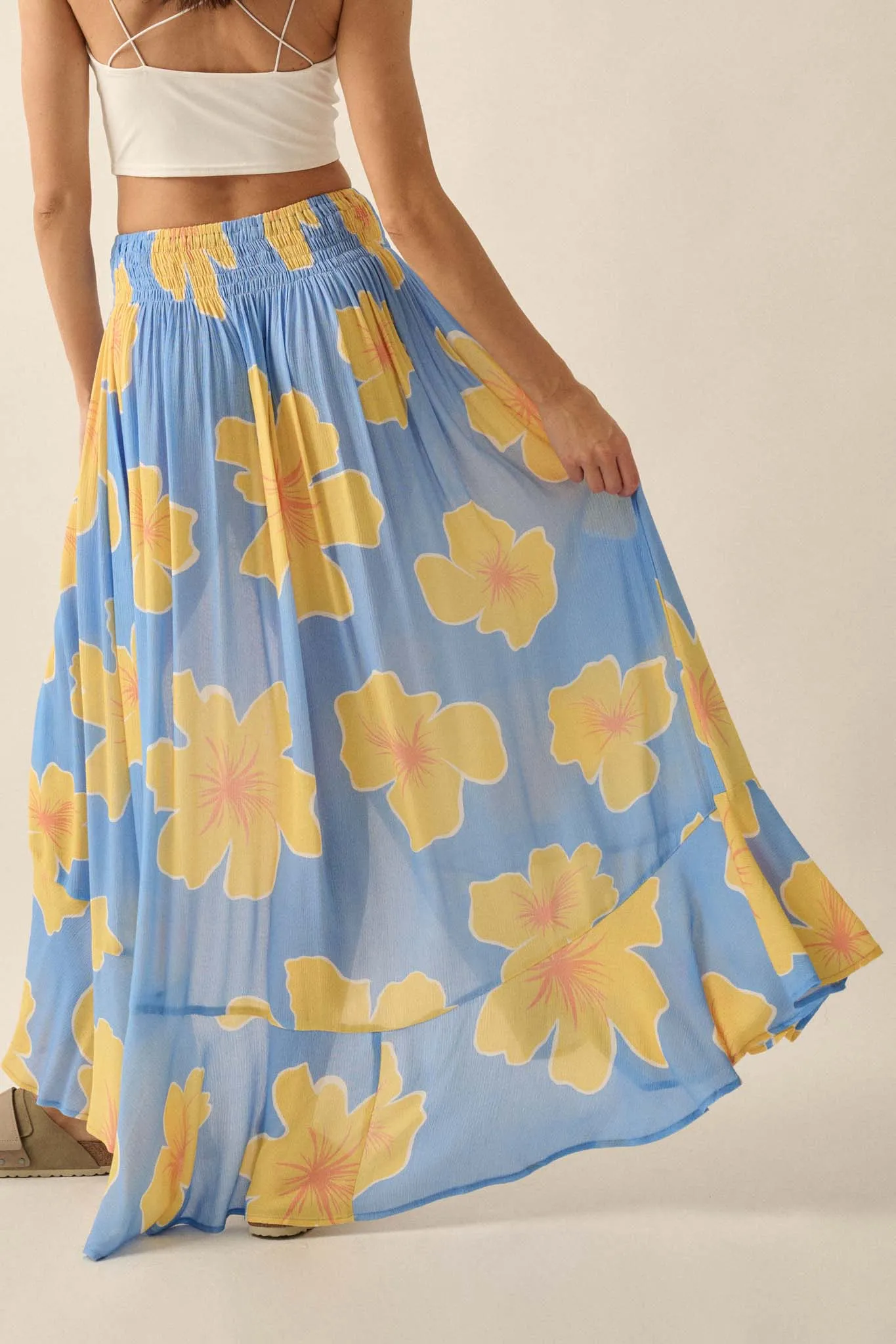Hibiscus Grove Floral Crepe Buttoned Maxi Skirt