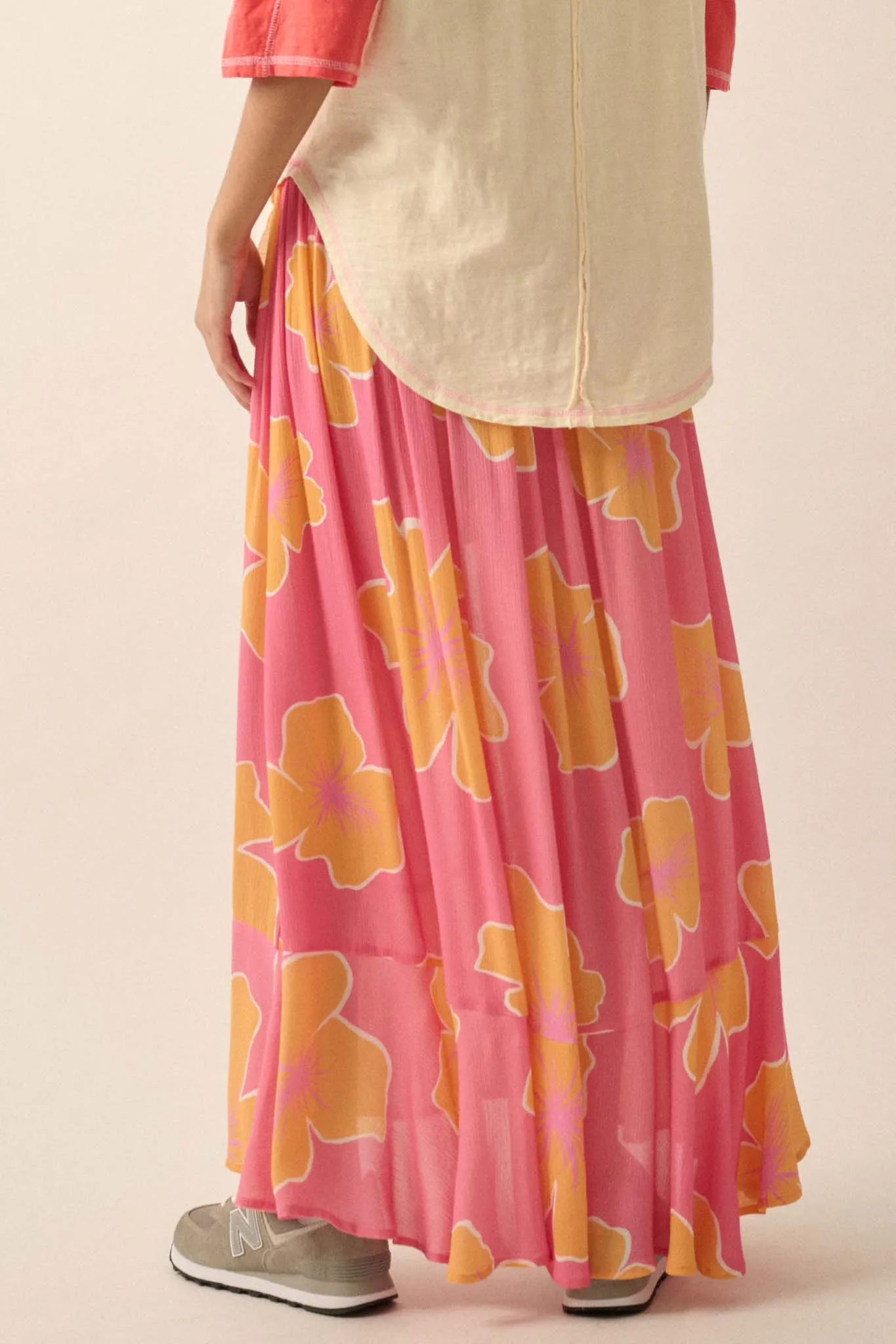 Hibiscus Grove Floral Crepe Buttoned Maxi Skirt