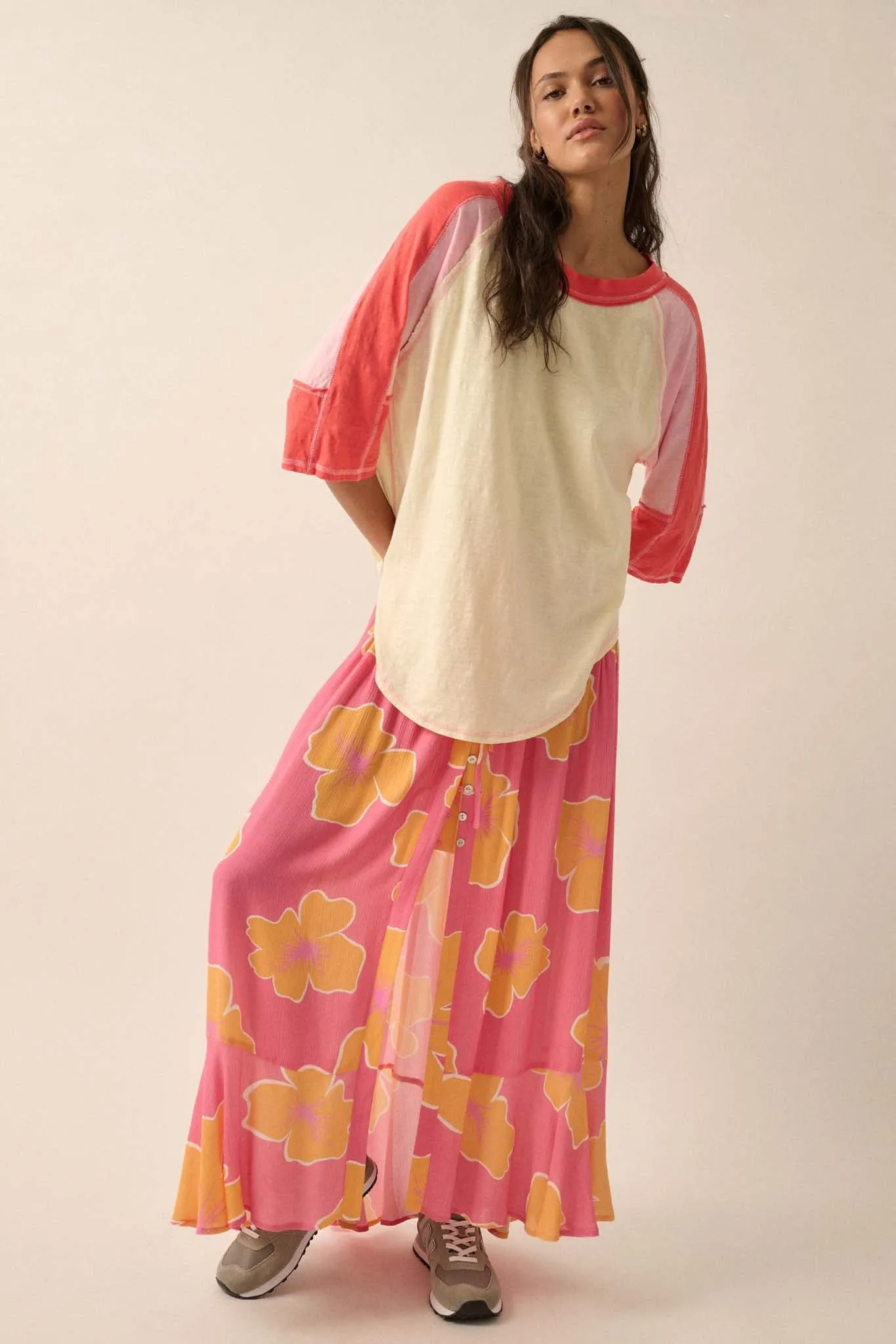 Hibiscus Grove Floral Crepe Buttoned Maxi Skirt