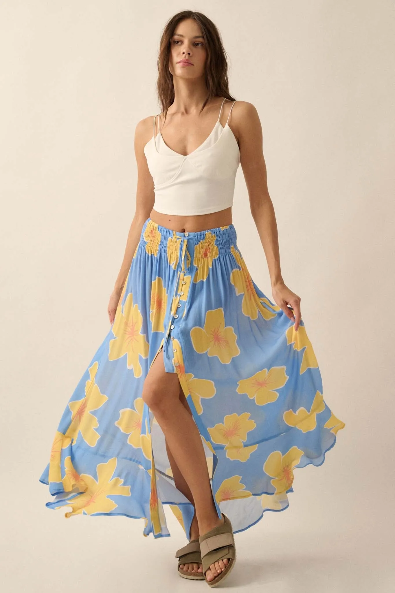 Hibiscus Grove Floral Crepe Buttoned Maxi Skirt