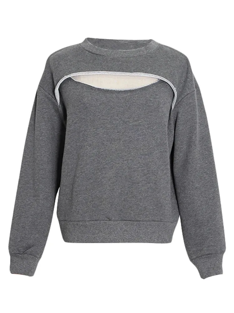 Hollow Out Loose Casual Sweatshirt For Women Round Neck Long Sleeve Minimalist Pullovers Sweatshirts Female Fashion