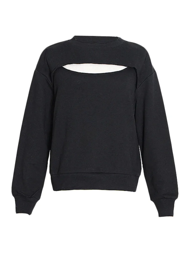 Hollow Out Loose Casual Sweatshirt For Women Round Neck Long Sleeve Minimalist Pullovers Sweatshirts Female Fashion