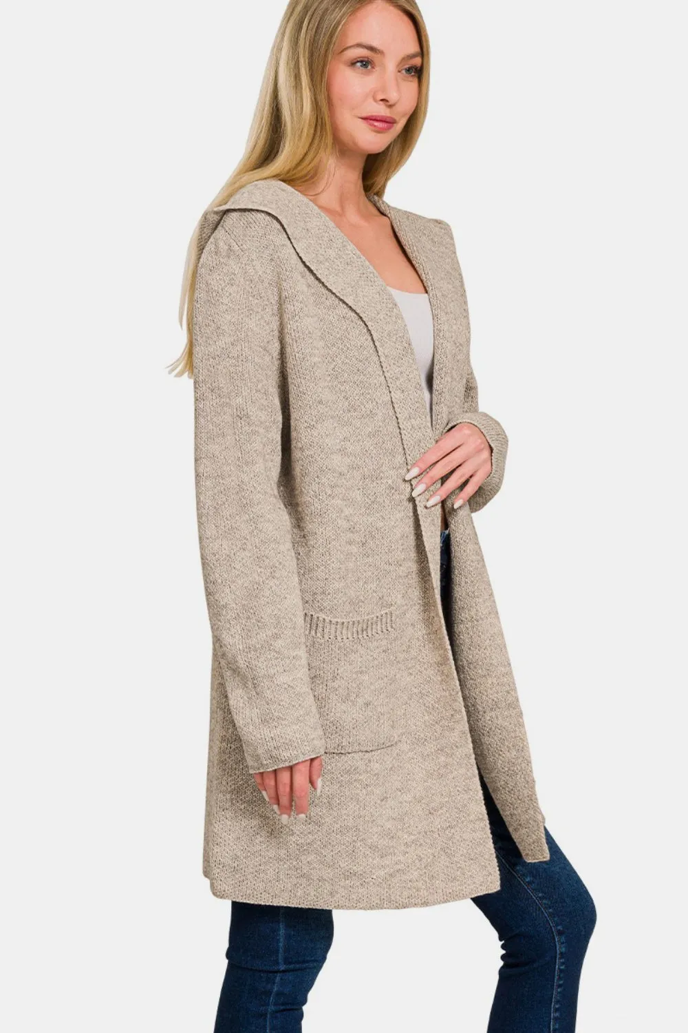 Hooded Open Front H Mocha Sweater Cardigan