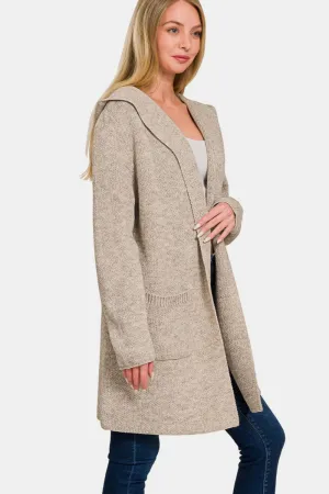 Hooded Open Front H Mocha Sweater Cardigan