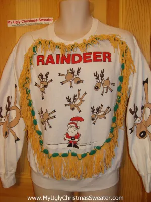 It's raining Reindeer. Retro 80s Funny Ugly Christmas Tacky Sweatshirt Santa with Fringe (q66)