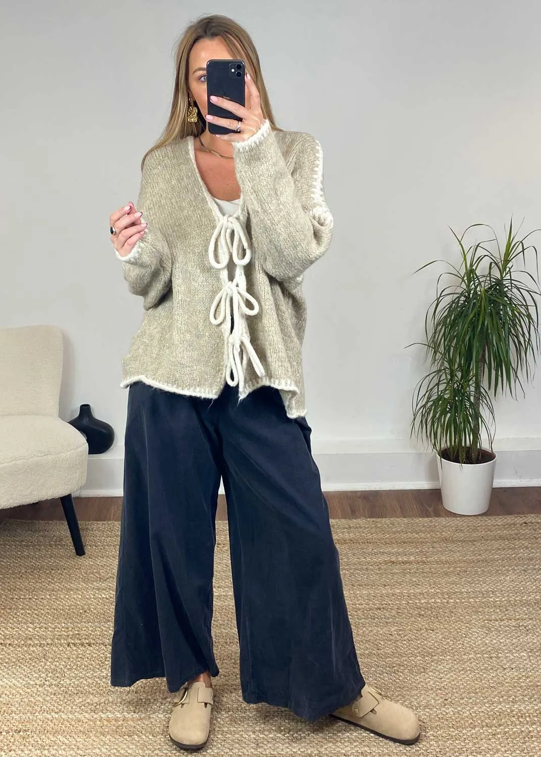 Jules Tie Front Stitch Cardigan in Beige