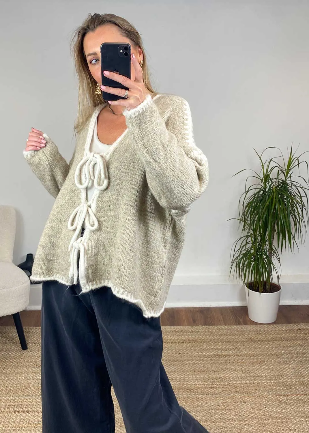 Jules Tie Front Stitch Cardigan in Beige