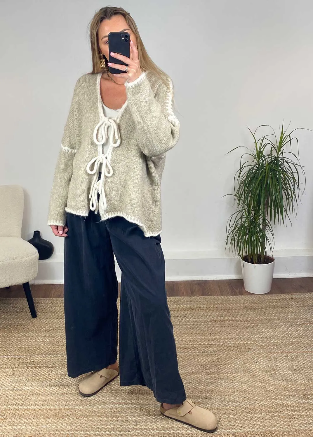 Jules Tie Front Stitch Cardigan in Beige