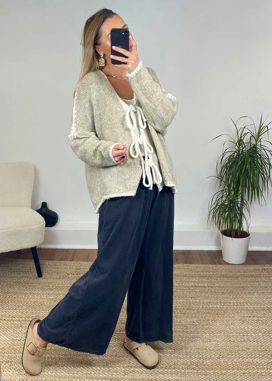 Jules Tie Front Stitch Cardigan in Beige