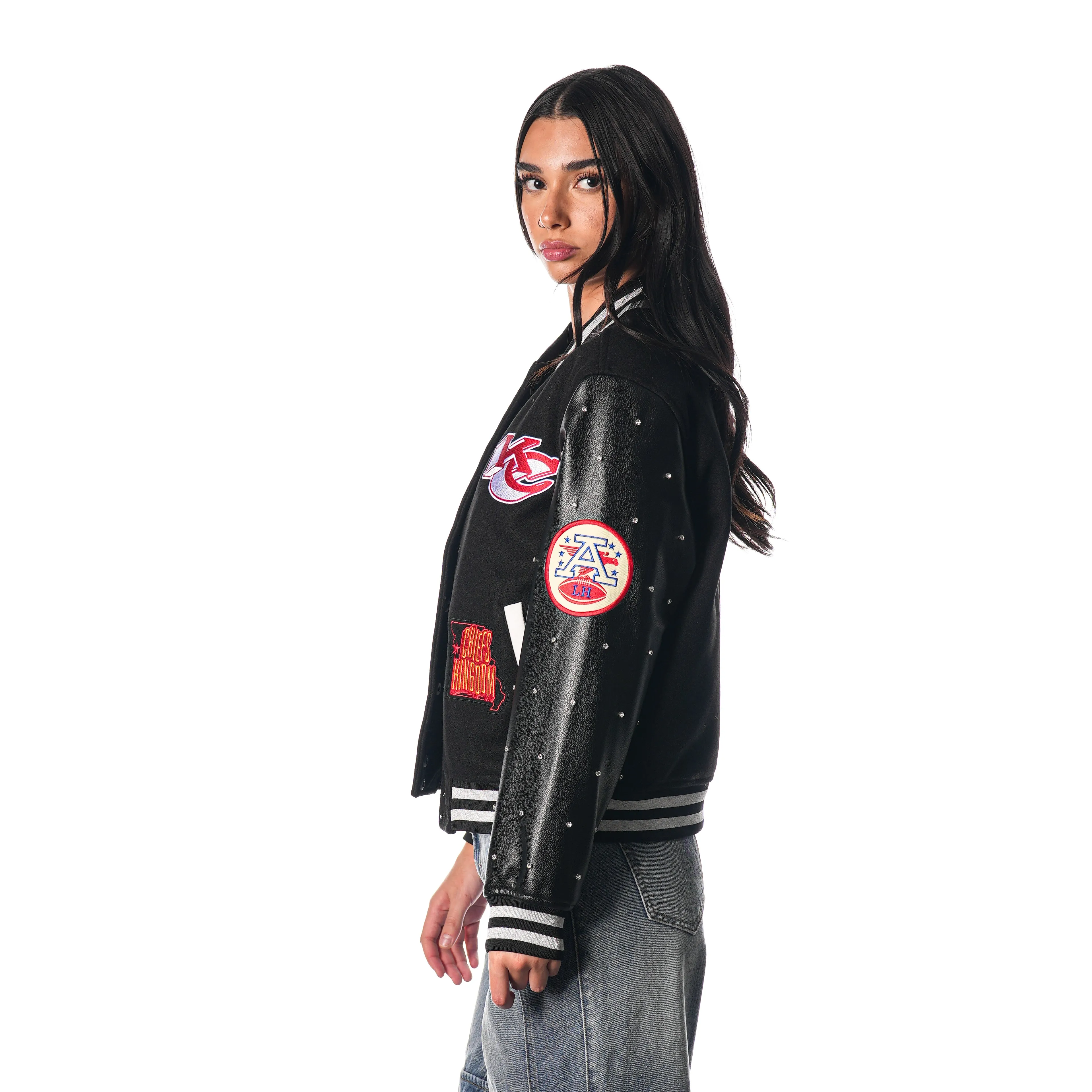KANSAS CITY CHIEFS VARSITY SPARKLE JACKET - BLACK