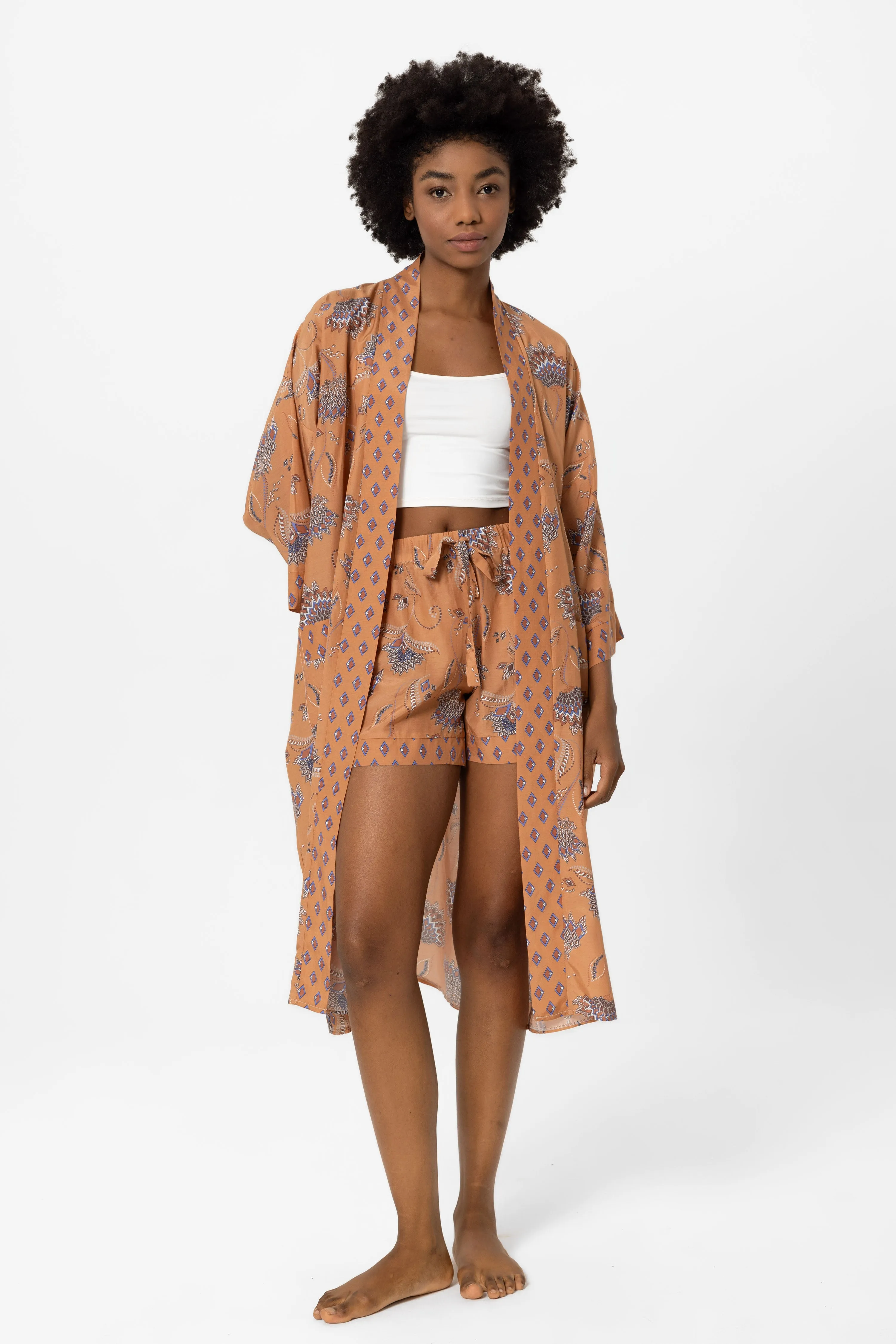 Karamel renkli, çiçek desenli Elissa Kimono