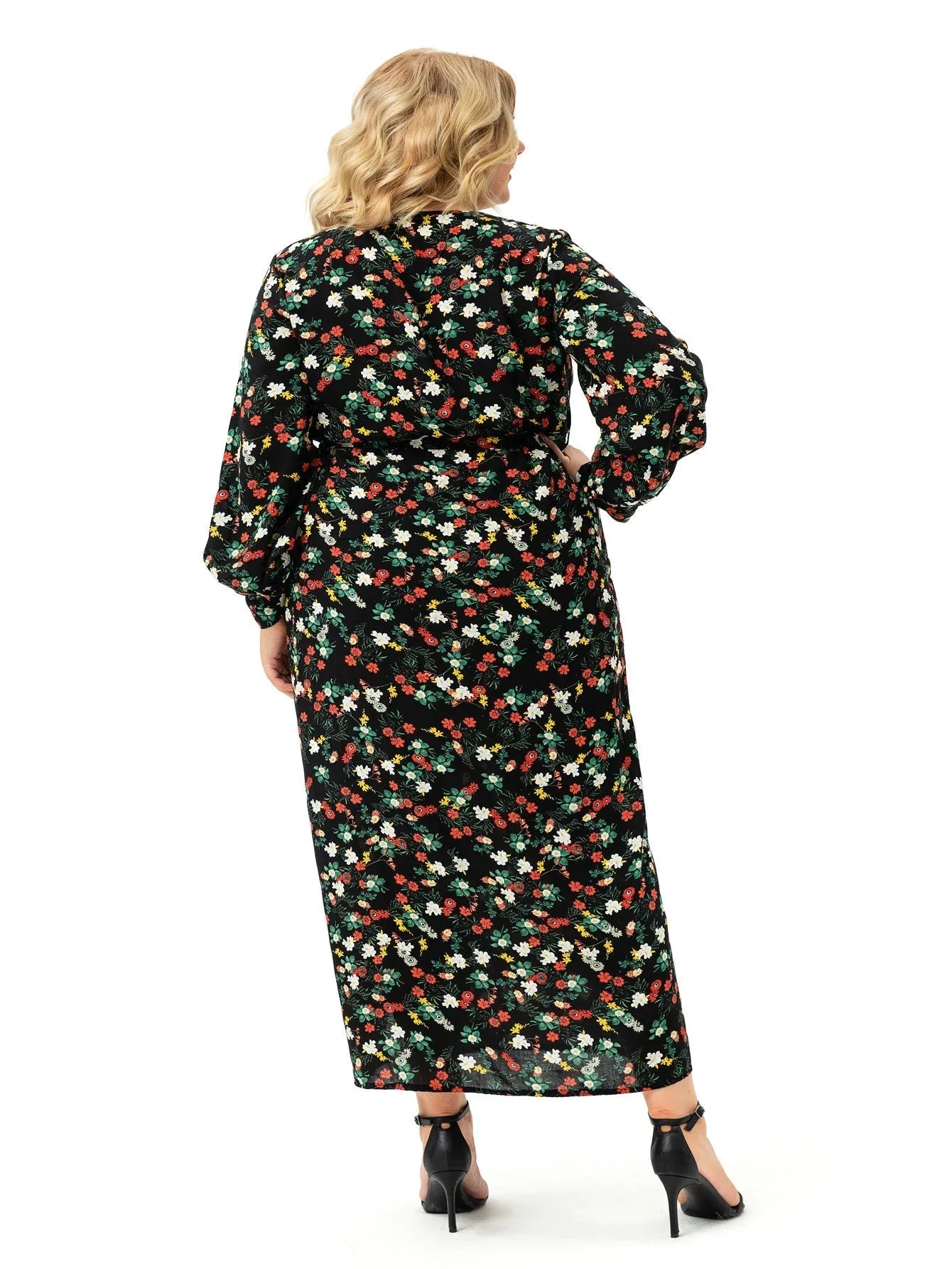 KittenAlarm - Plus size Long Sleeve V neck Slit Printd Dress
