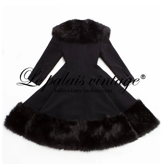 le palais vintage heavy luxury fur woolen big skirt black coat - Deks