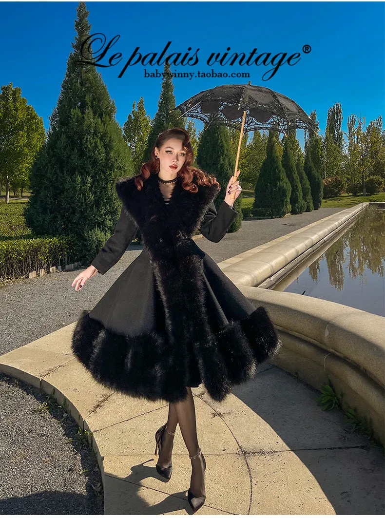le palais vintage heavy luxury fur woolen big skirt black coat - Deks