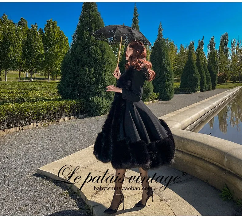 le palais vintage heavy luxury fur woolen big skirt black coat - Deks