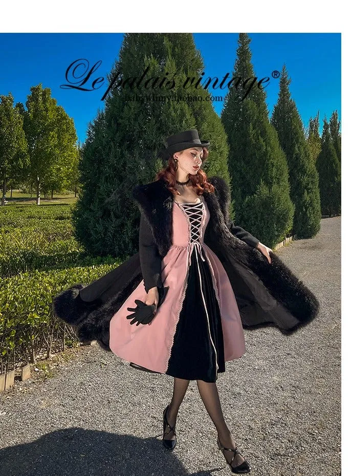 le palais vintage heavy luxury fur woolen big skirt black coat - Deks