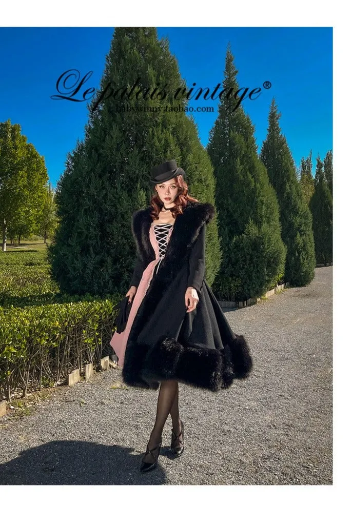 le palais vintage heavy luxury fur woolen big skirt black coat - Deks