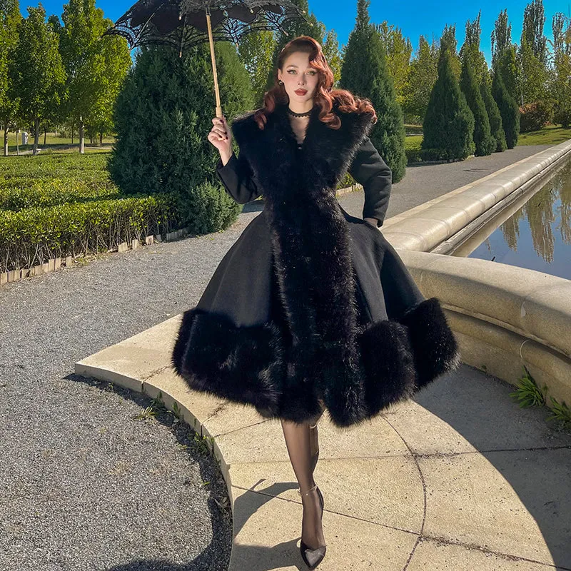 le palais vintage heavy luxury fur woolen big skirt black coat - Deks