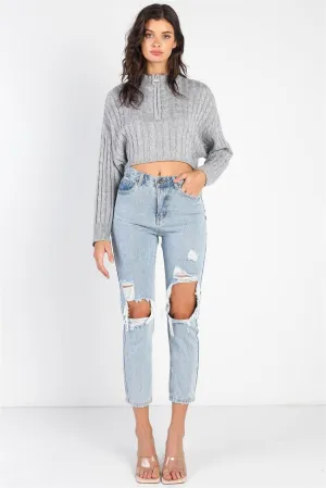 Light Grey Zip-Up Cable Long Sleeve Crop Sweater /2-1