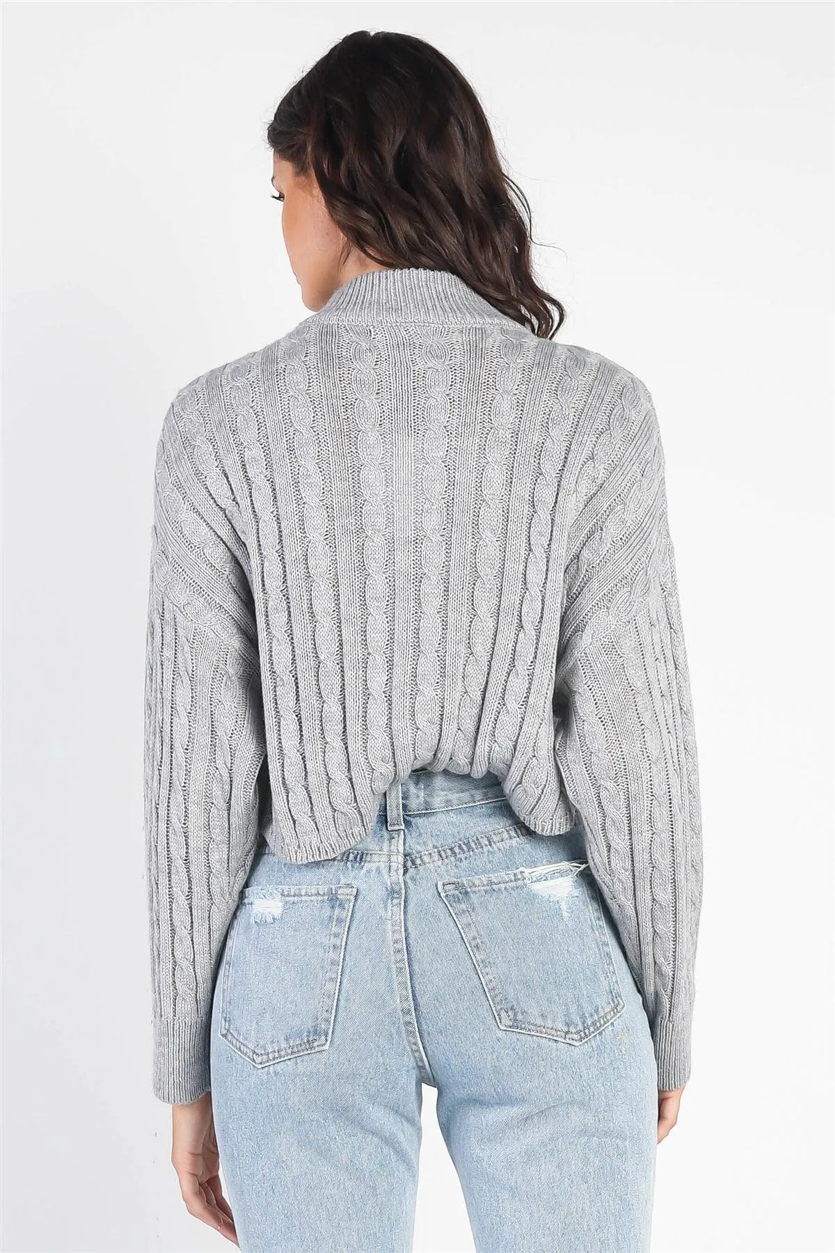 Light Grey Zip-Up Cable Long Sleeve Crop Sweater /2-1