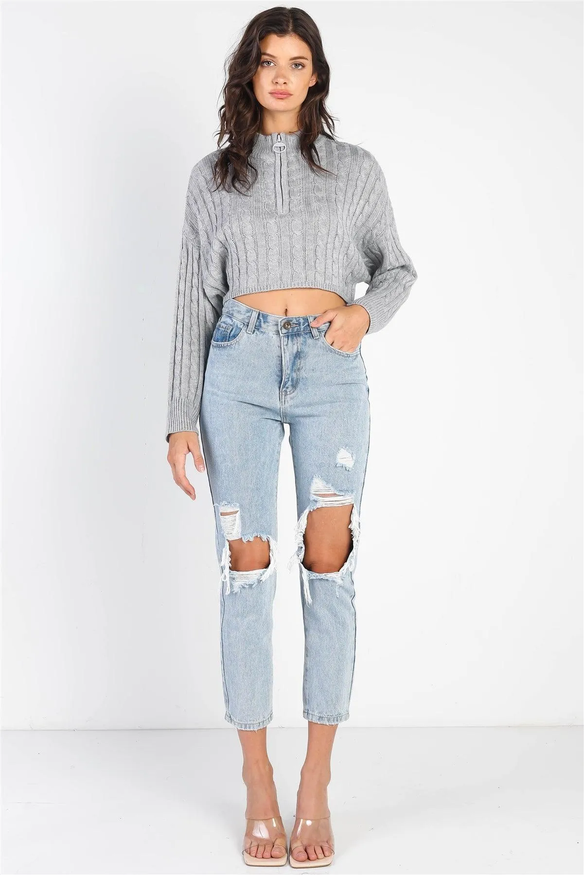 Light Grey Zip-Up Cable Long Sleeve Crop Sweater /2-1