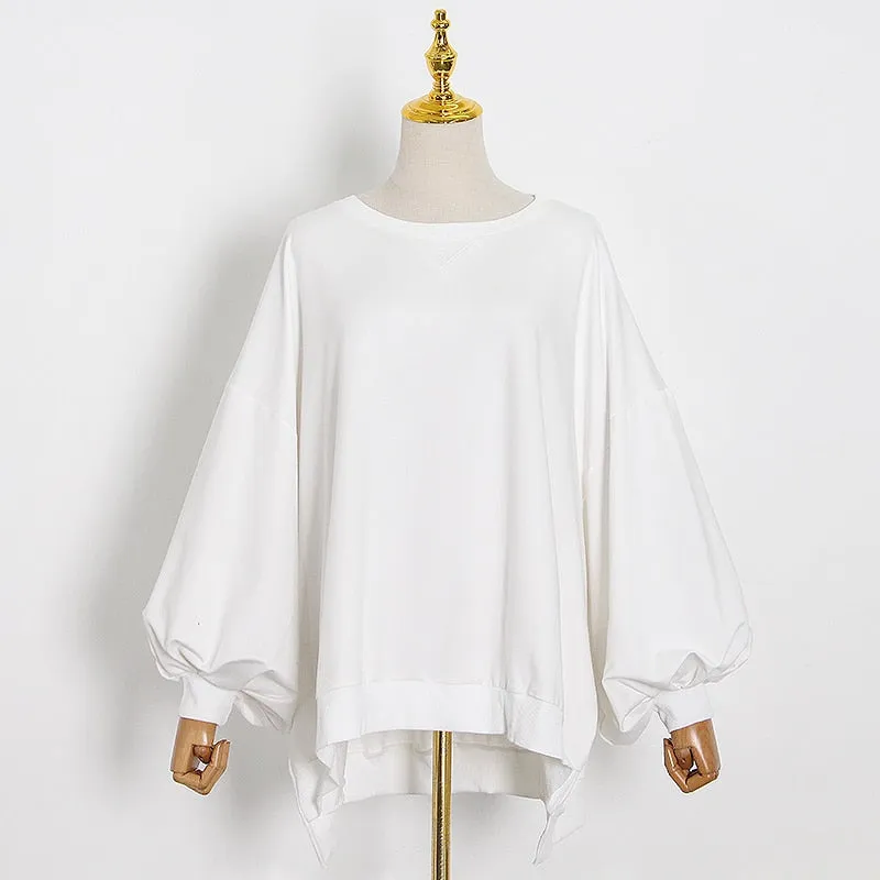 Loose Korean White Sweatshirt For Women O Neck Batwing Sleeve Side Split Casual Sweatshirts Female Fall