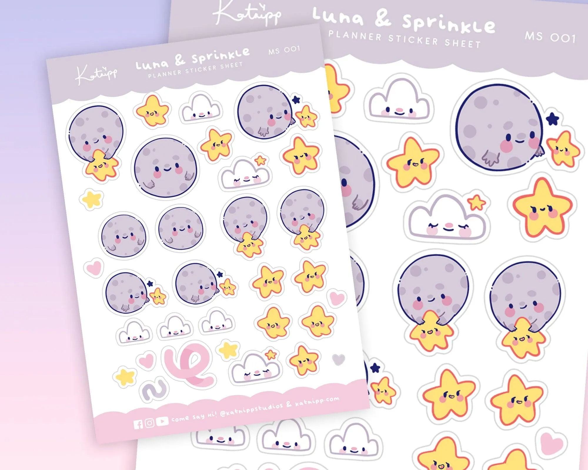 Luna & Sprinkle Sticker Sheet | Kawaii Moon & Star Planner Stickers | A6 Pastel Stationery | MS001