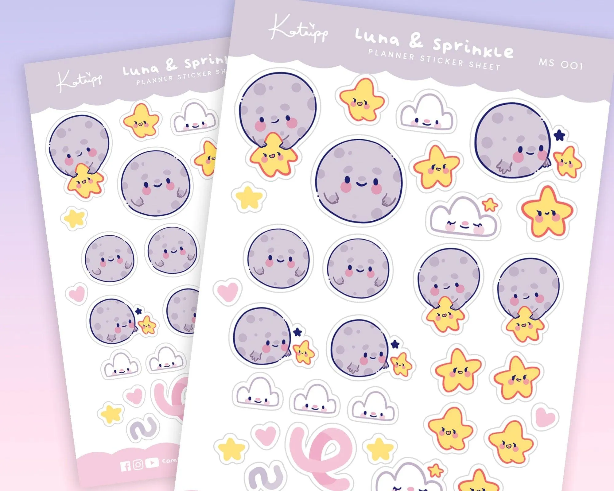 Luna & Sprinkle Sticker Sheet | Kawaii Moon & Star Planner Stickers | A6 Pastel Stationery | MS001