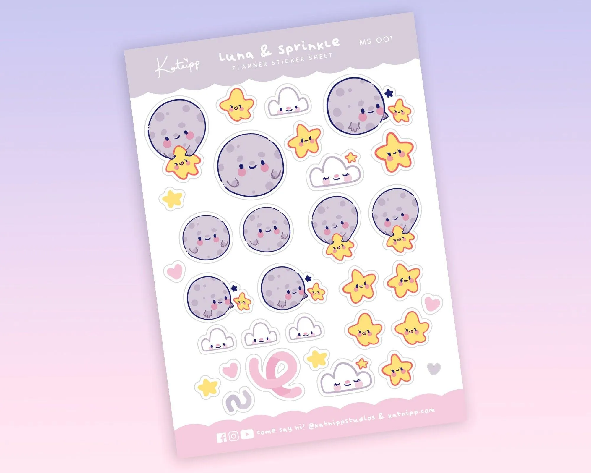 Luna & Sprinkle Sticker Sheet | Kawaii Moon & Star Planner Stickers | A6 Pastel Stationery | MS001